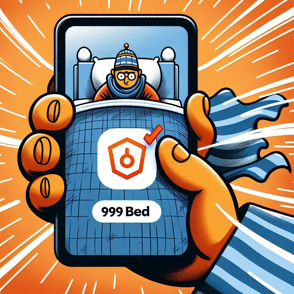 Cartoon character holding a smartphone with 999bed app interface and secure shield icons