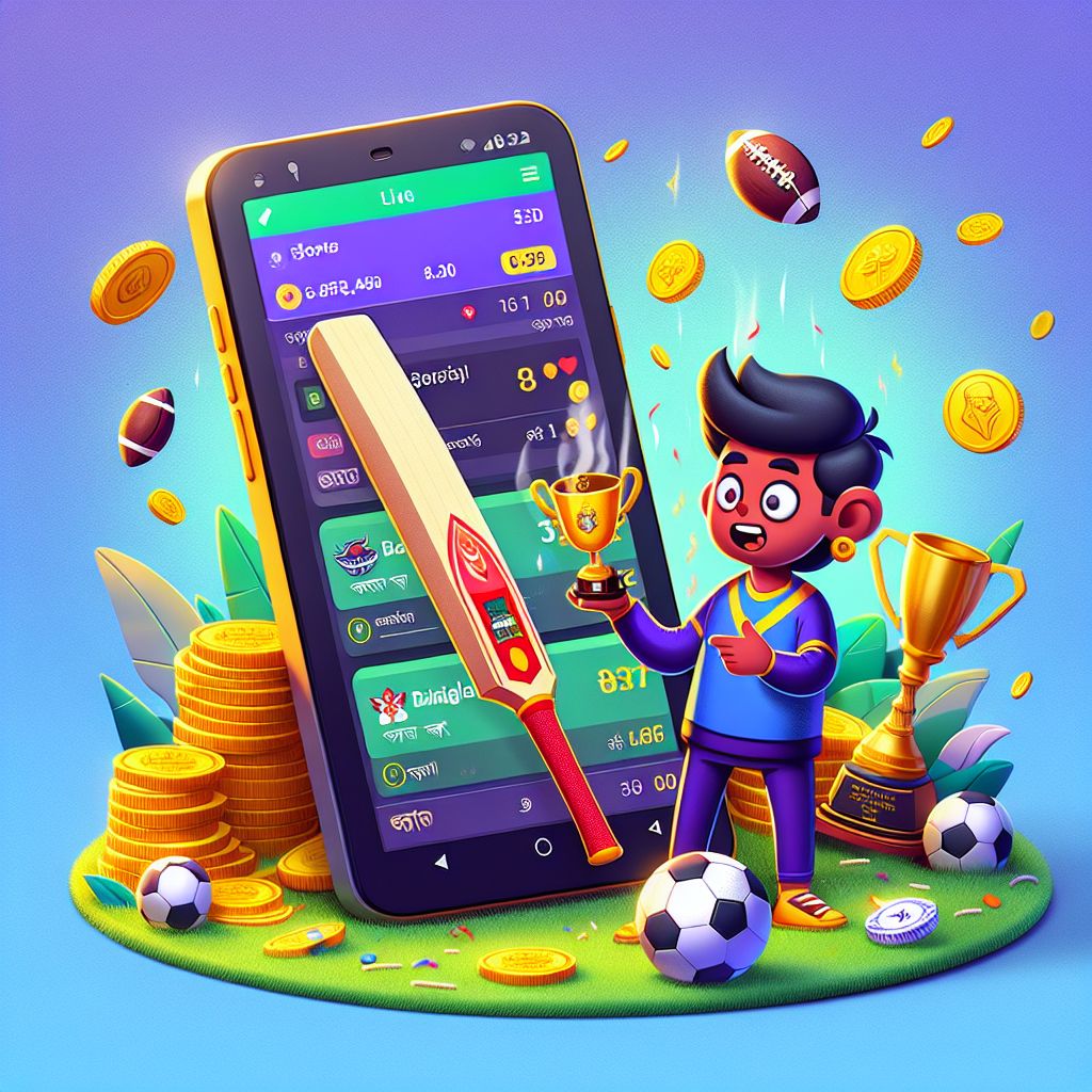 Cartoon sports bettor holding a phone with live odds, cricket and football elements, coins and a trophy