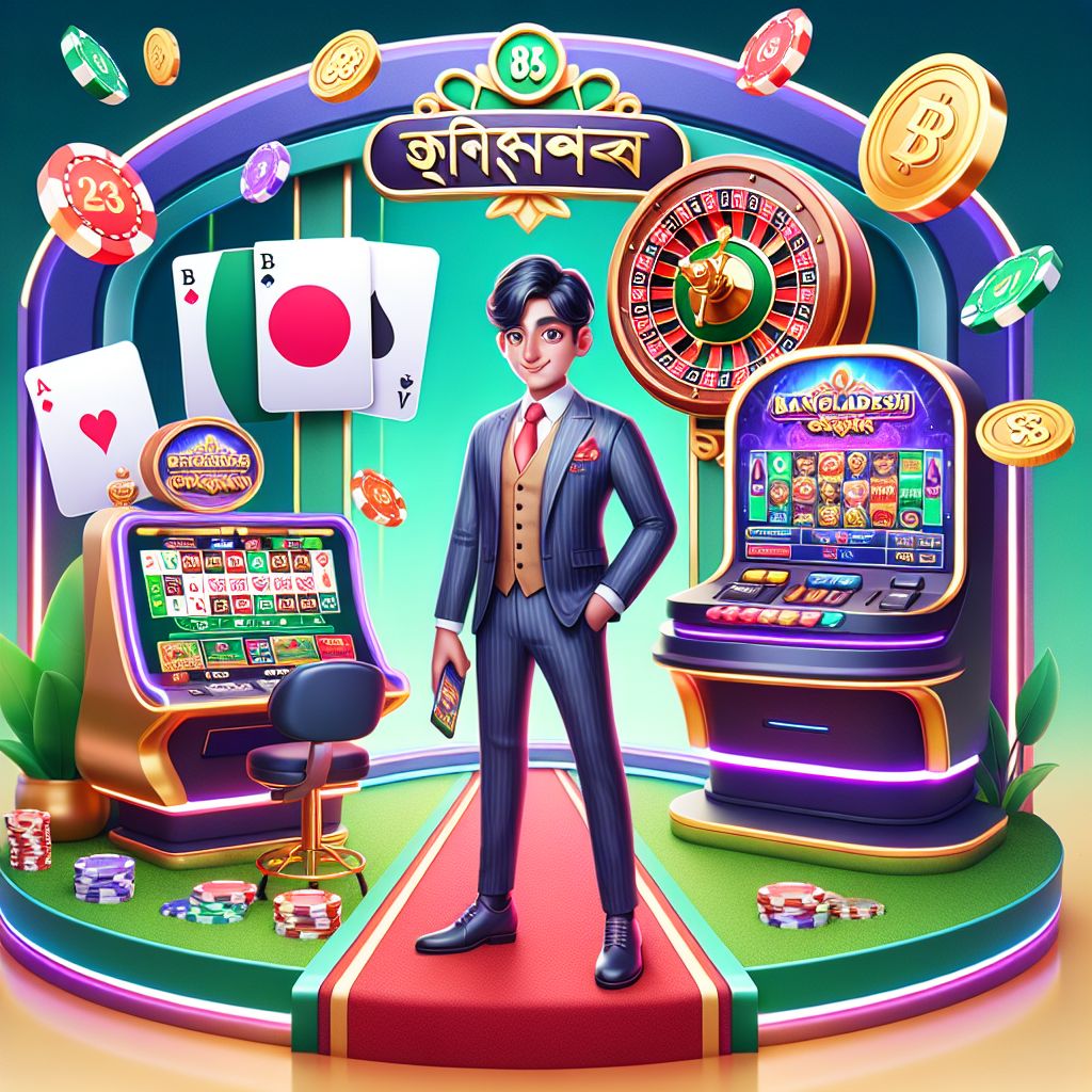 Cartoon casino host with cards, roulette wheel, and coins in a 999bed Casino themed scene