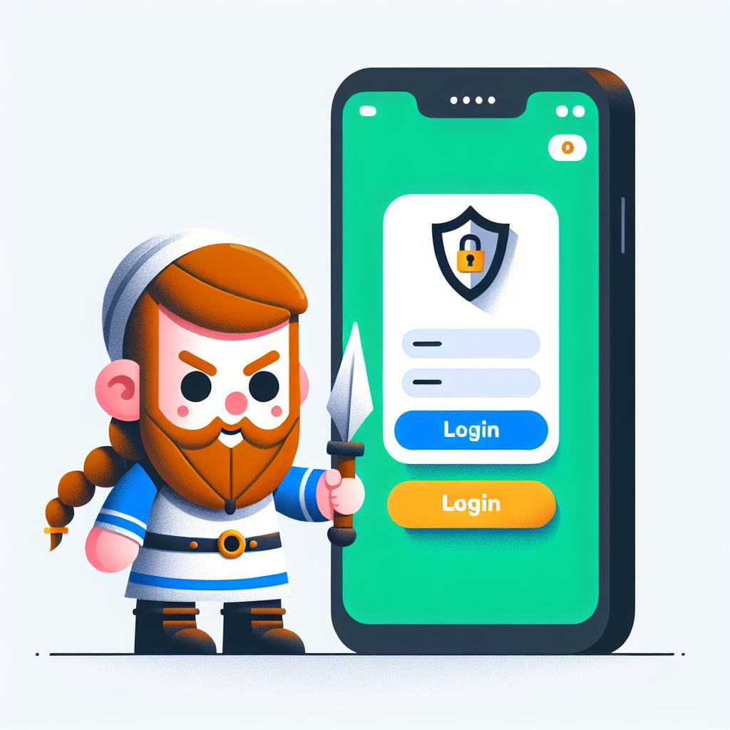 Cartoon character holding a phone with a login screen and a shield icon