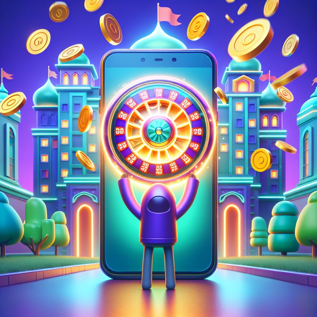 Cartoon slot explorer holding a lucky charm with spinning reels and coins